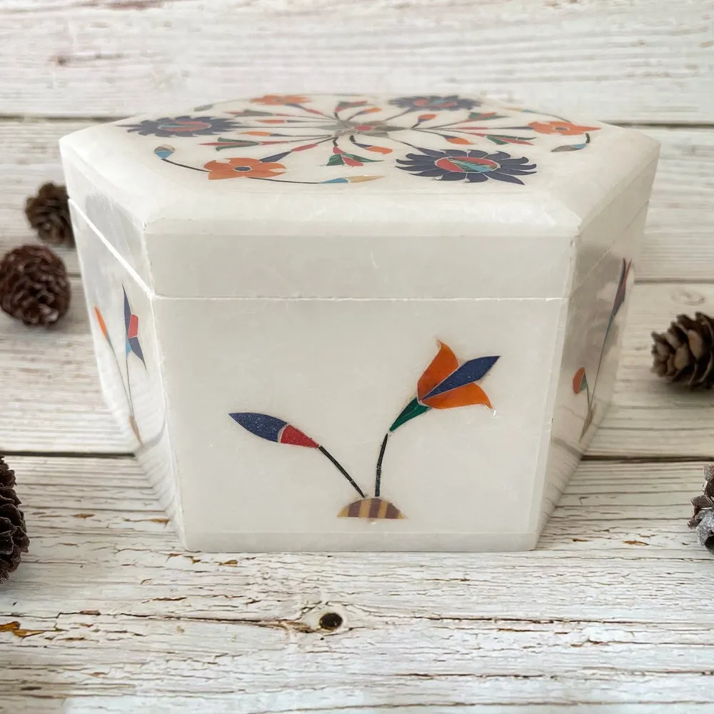 Marble Inlay Hexagonal Trinket Box