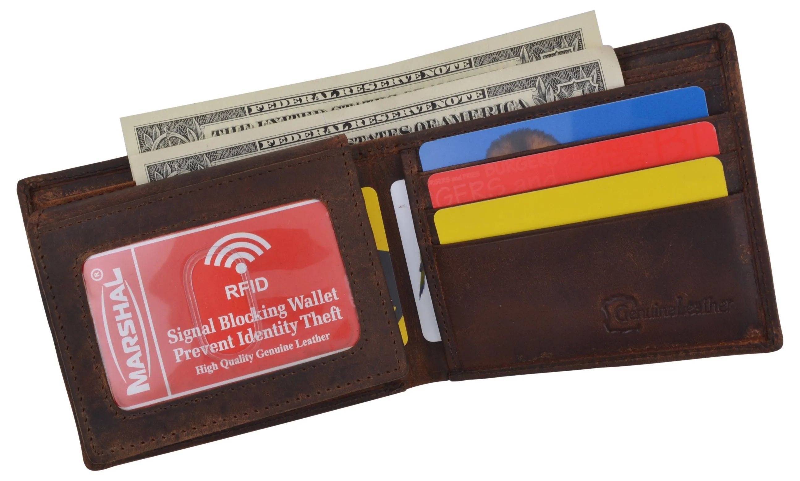 Men's Cowhide Leather USA Flag Eagle Logo RFID Bifold Wallet
