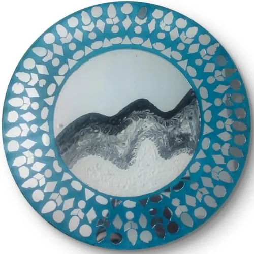 Navyataa Lippan Art Blue Mirror Wall Hanging, 12" Round MDF Board, Handmade Clay and Mirror Decorative Art Item