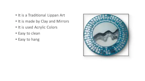 Navyataa Lippan Art Blue Mirror Wall Hanging, 12" Round MDF Board, Handmade Clay and Mirror Decorative Art Item