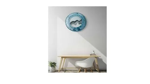 Navyataa Lippan Art Blue Mirror Wall Hanging, 12" Round MDF Board, Handmade Clay and Mirror Decorative Art Item
