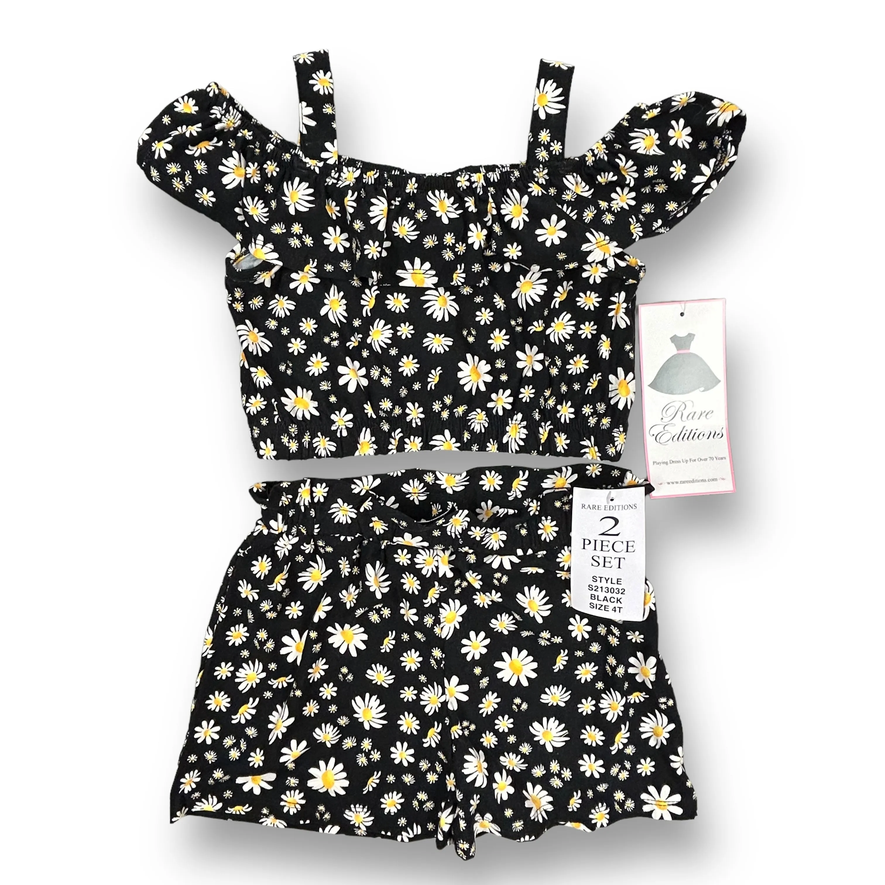 NEW! Girls Rare Editions Size 4T Black & White Daisies Cropped 2-Pc Outfit