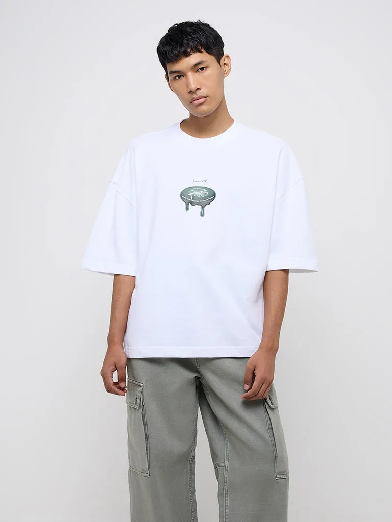 Nuon White Text Design Relaxed-Fit Cotton T-Shirt