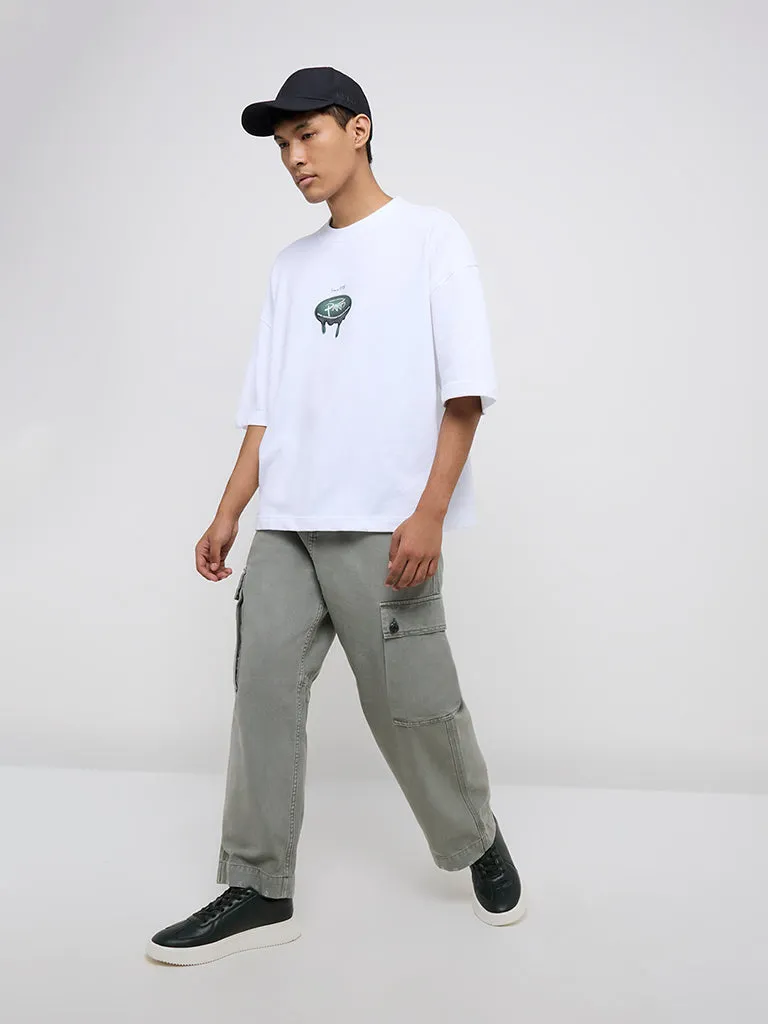 Nuon White Text Design Relaxed-Fit Cotton T-Shirt