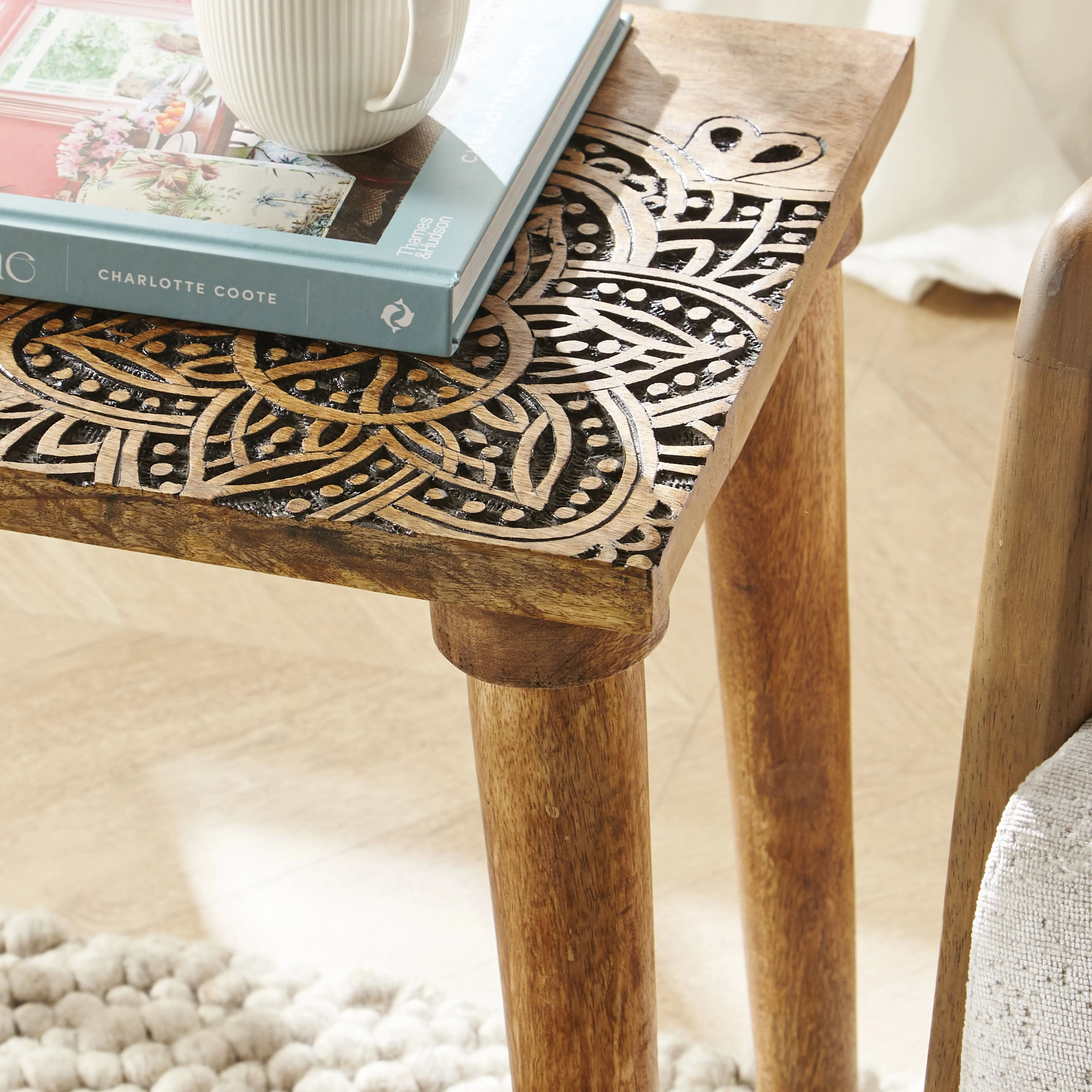 Parvani Carved Top Mango Wood Table 41x38x33cm