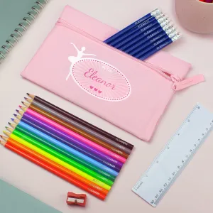 Personalised Pink Ballerina Pencil Case with Pencils & Crayons