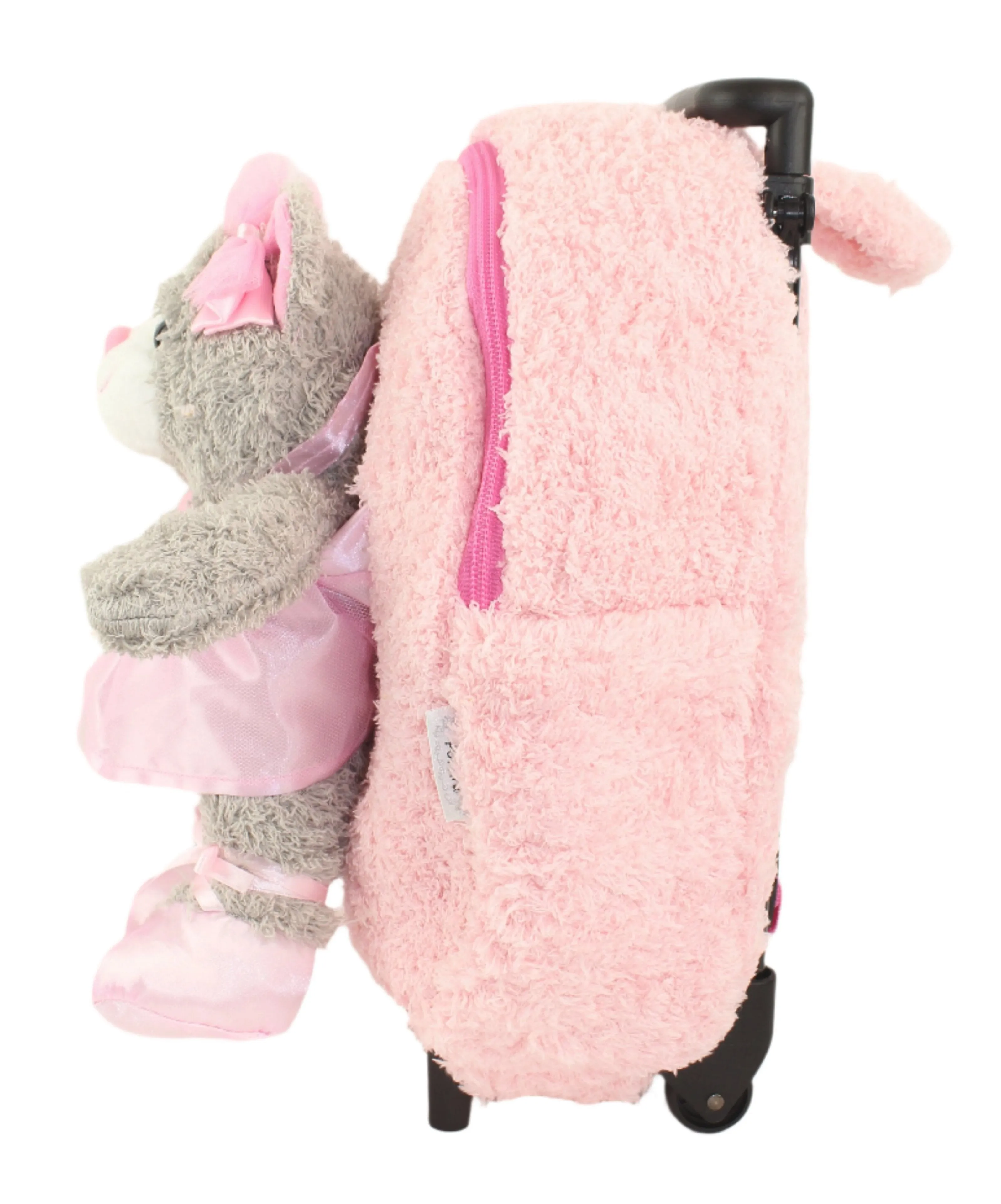 Popatu Kid's Pink Rolling Backpack with Grey Kitty Removable Plush