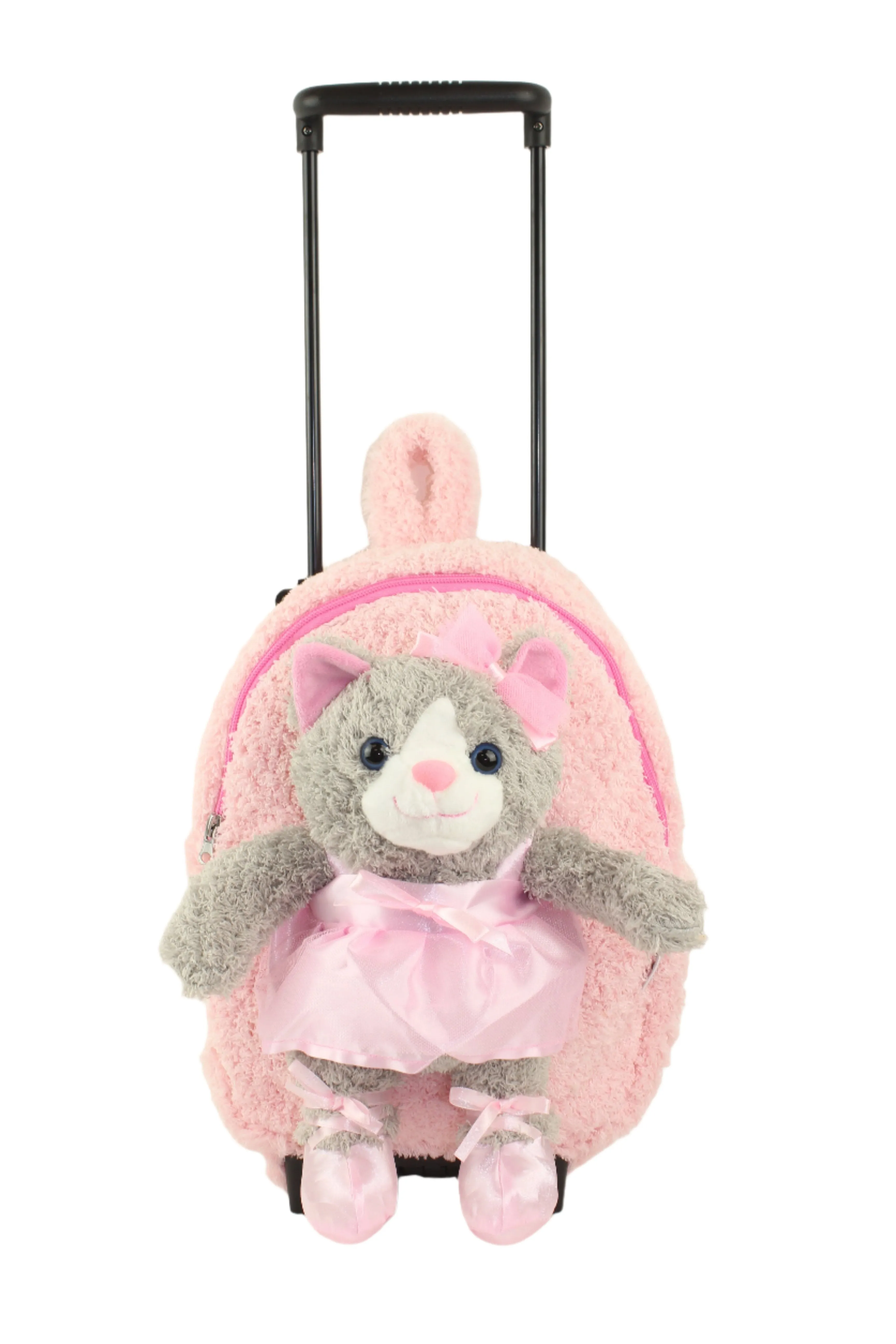 Popatu Kid's Pink Rolling Backpack with Grey Kitty Removable Plush