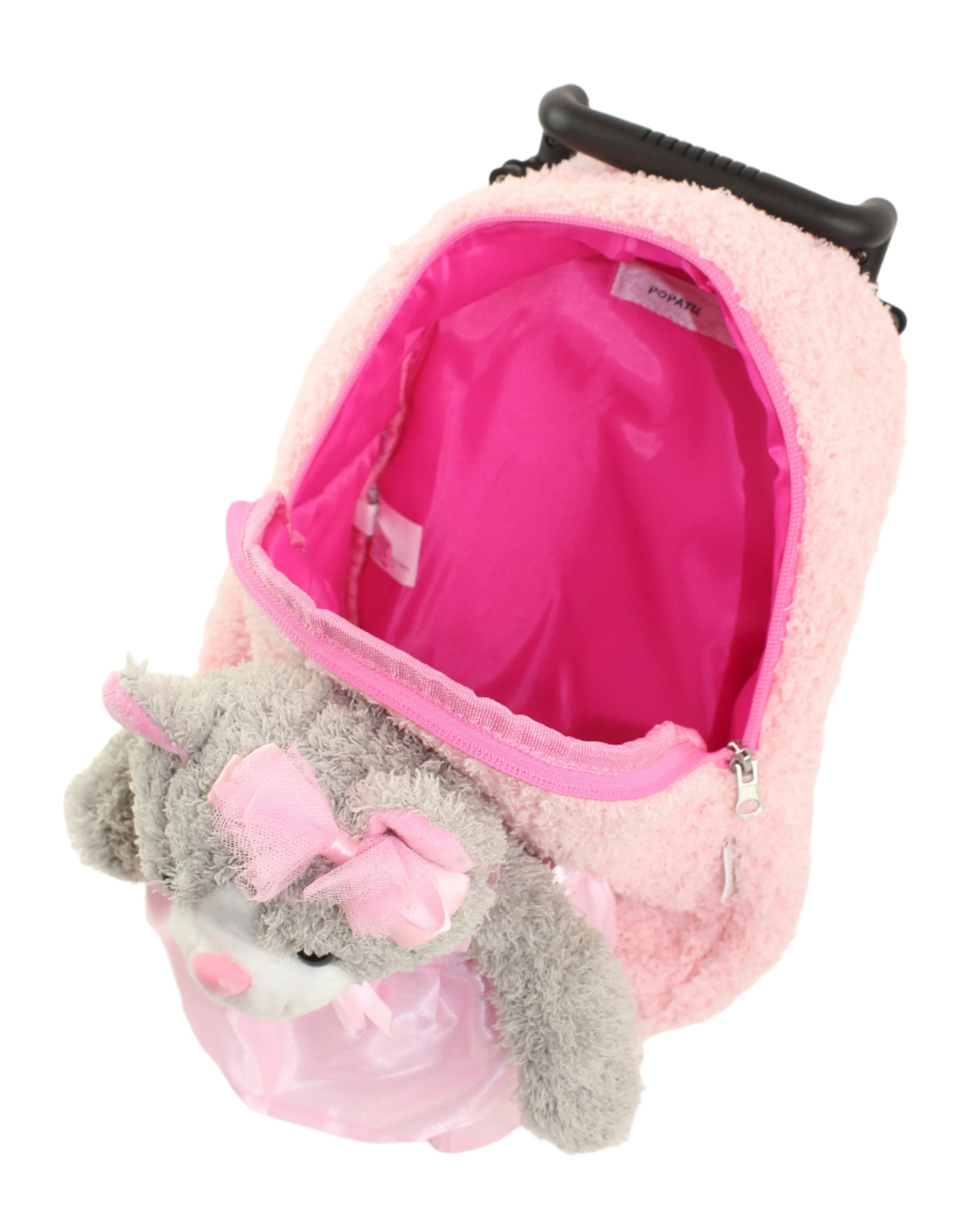 Popatu Kid's Pink Rolling Backpack with Grey Kitty Removable Plush
