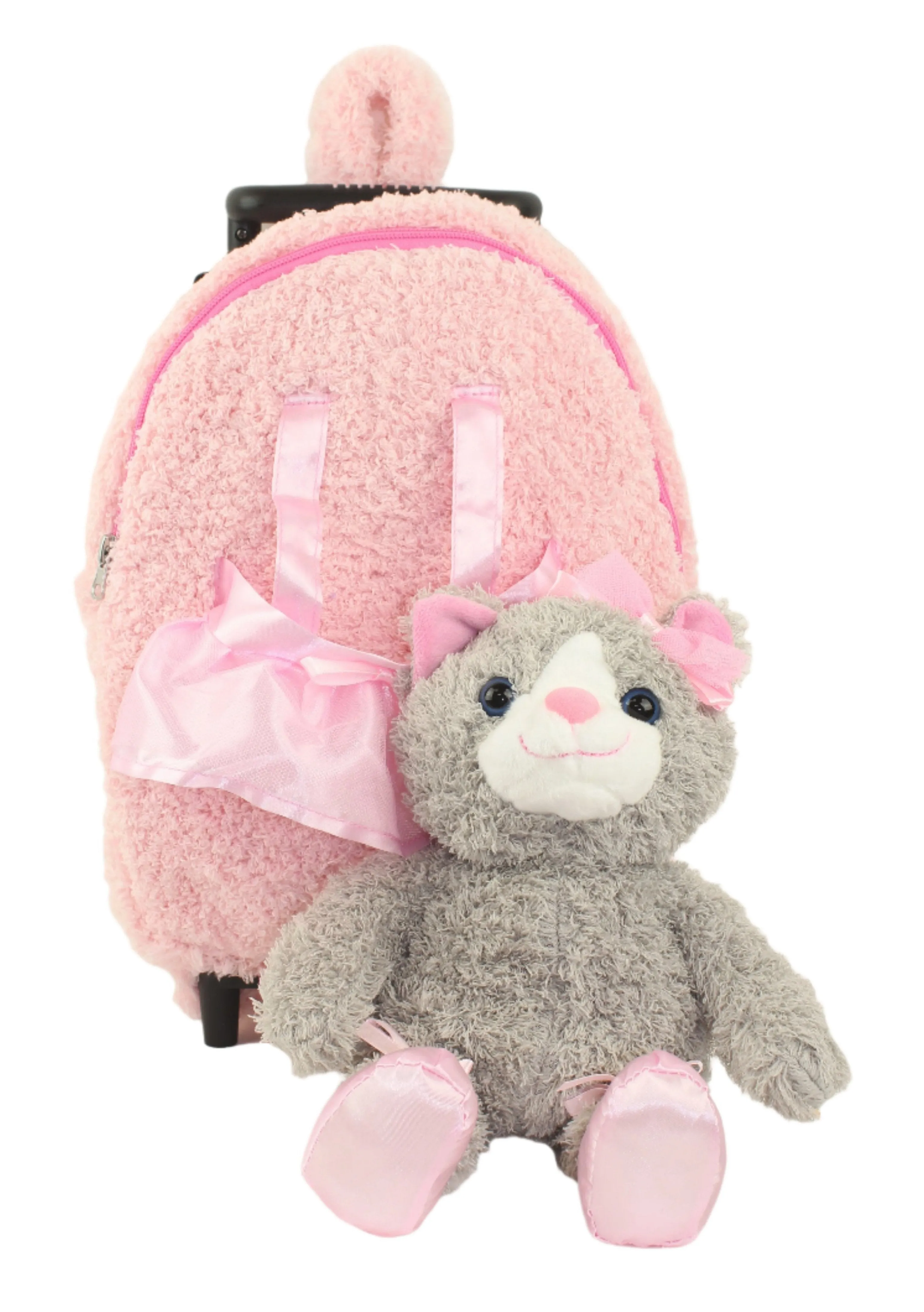 Popatu Kid's Pink Rolling Backpack with Grey Kitty Removable Plush
