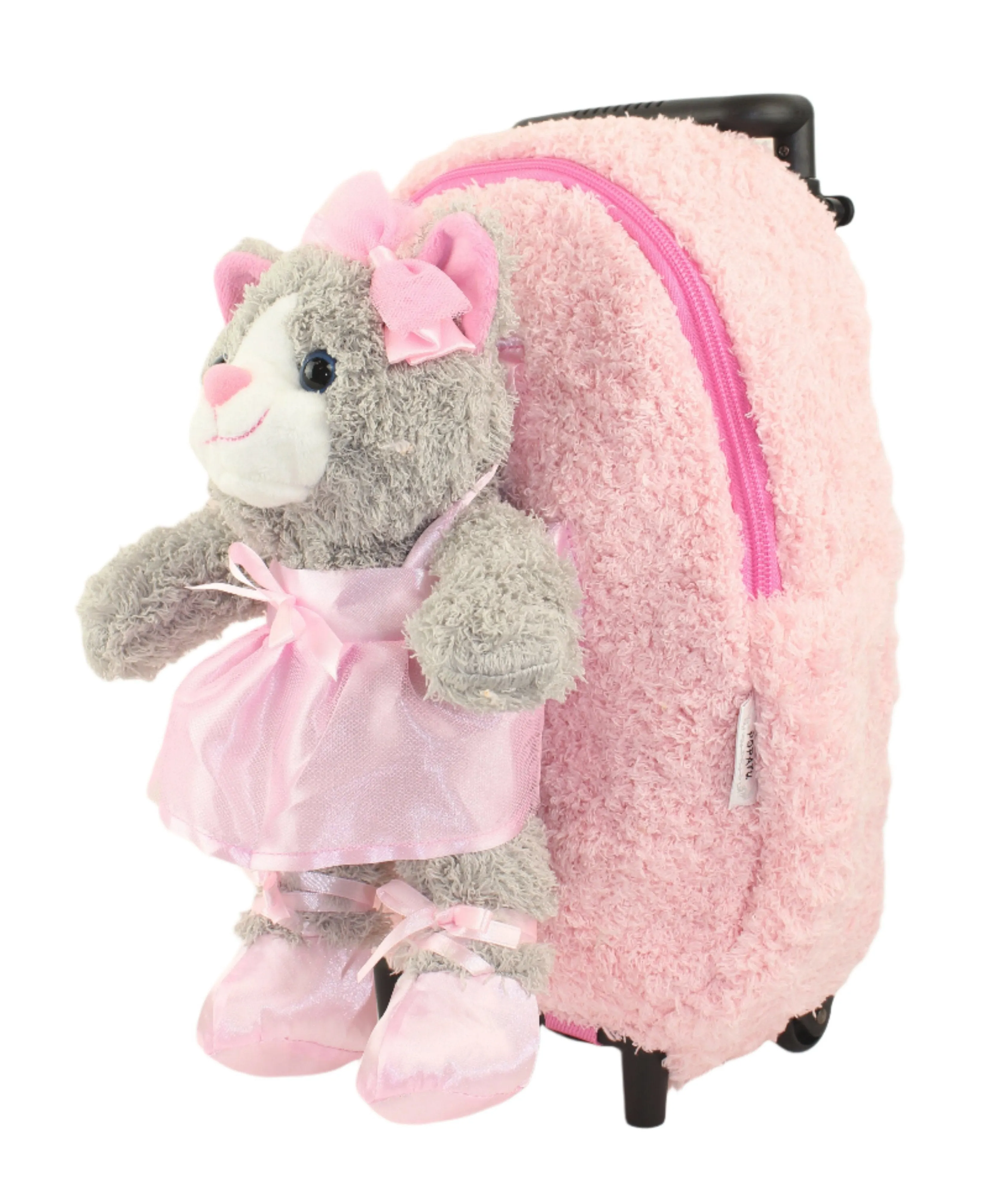 Popatu Kid's Pink Rolling Backpack with Grey Kitty Removable Plush