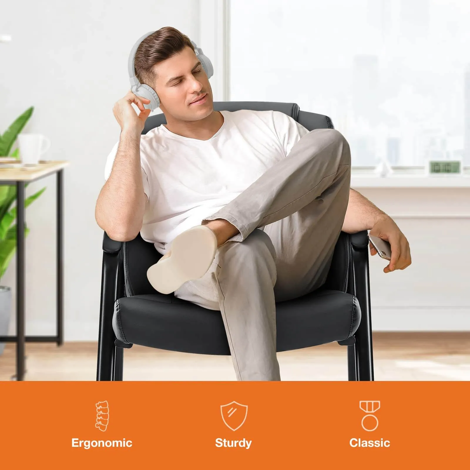PU Leather Conference Room Reception Chairs with Padded Arms,No Wheels Executive Office Chair