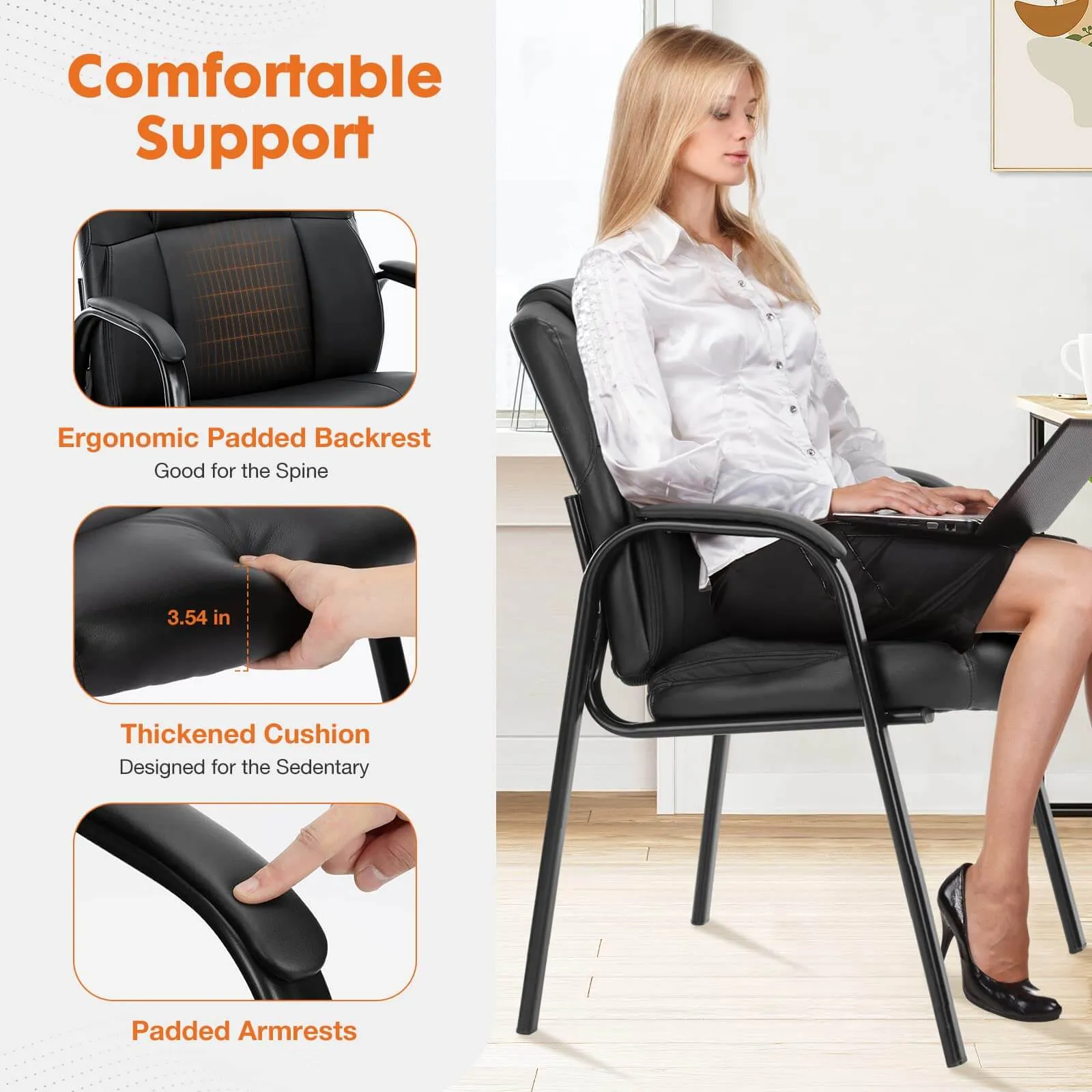 PU Leather Conference Room Reception Chairs with Padded Arms,No Wheels Executive Office Chair
