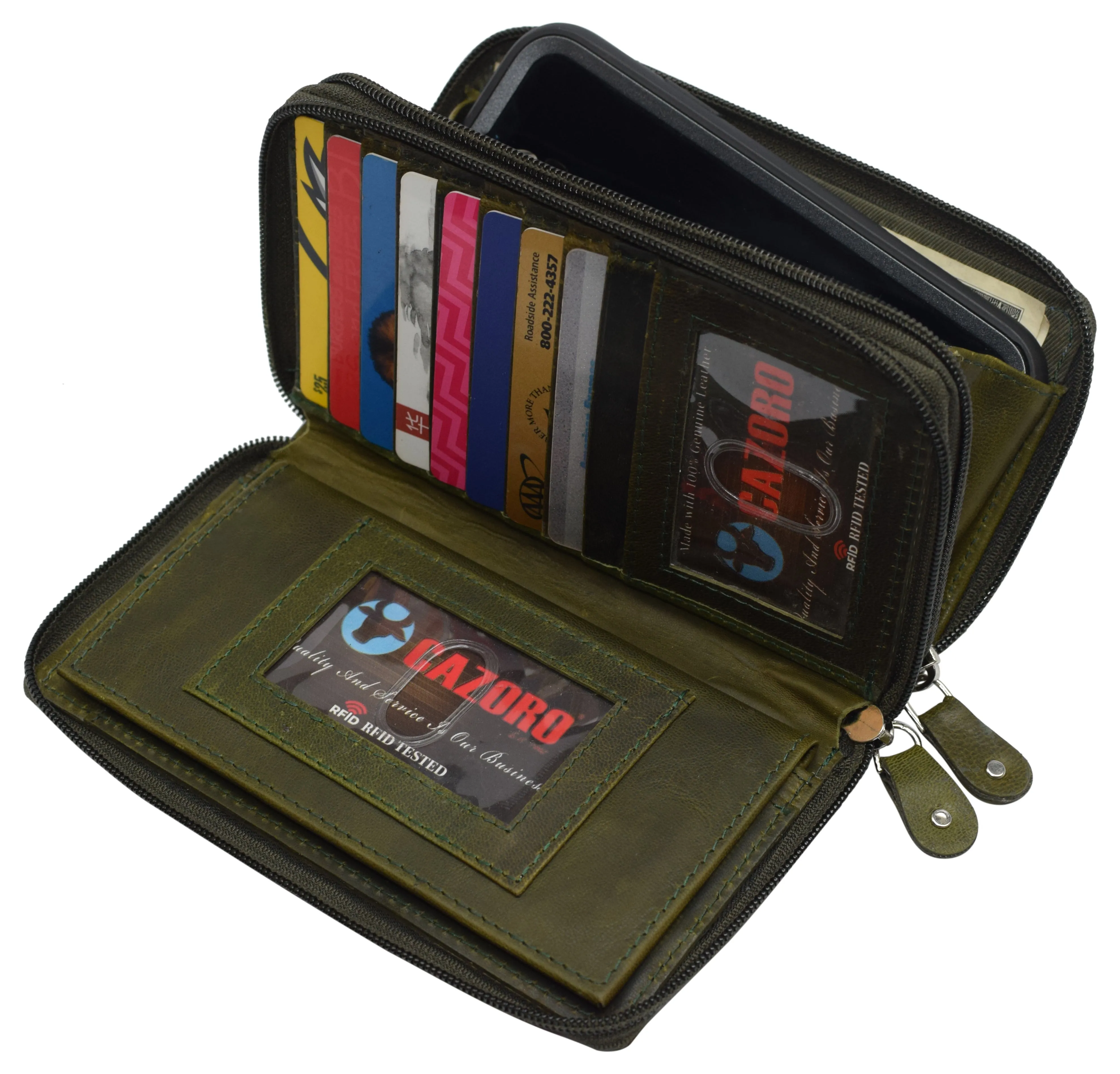 RFID Blocking Cellphone Wallet for Women Dual Zipper Long Purse with Removable Checkbook Holder