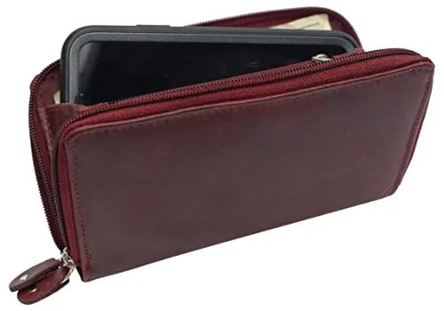 RFID Blocking Cellphone Wallet for Women Dual Zipper Long Purse with Removable Checkbook Holder