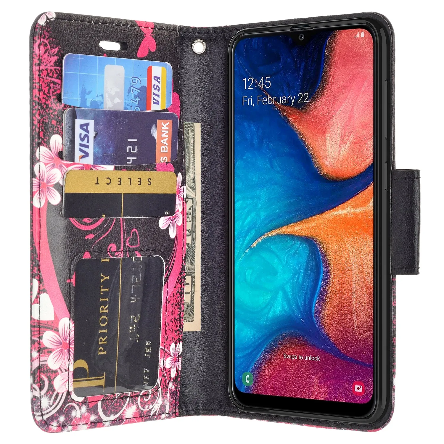 Samsung Galaxy A20 Case, Galaxy A20 Wallet Case, Wrist Strap Pu Leather Wallet Case [Kickstand] with ID & Credit Card Slots - Heart Butterflies