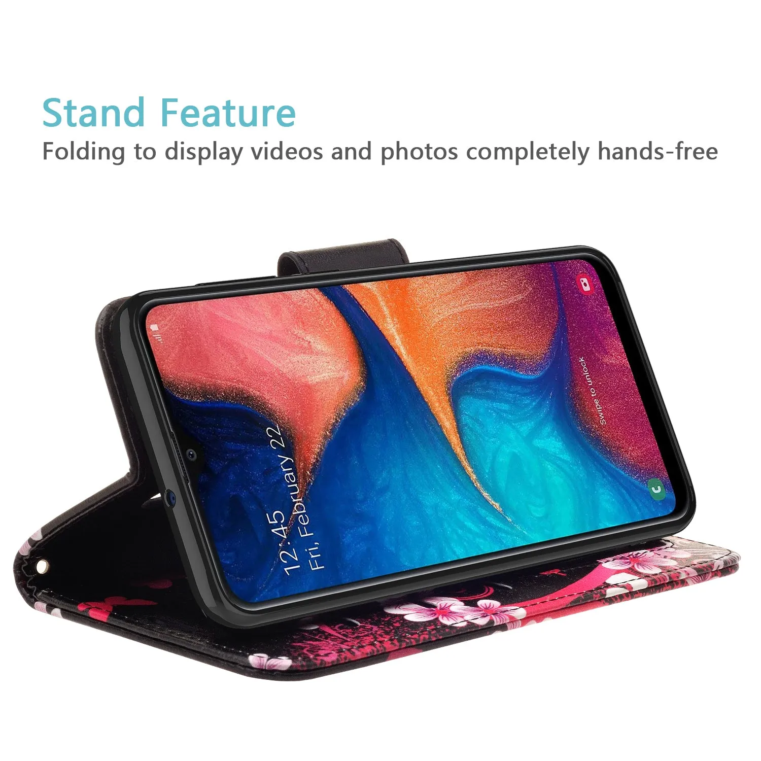 Samsung Galaxy A20 Case, Galaxy A20 Wallet Case, Wrist Strap Pu Leather Wallet Case [Kickstand] with ID & Credit Card Slots - Heart Butterflies