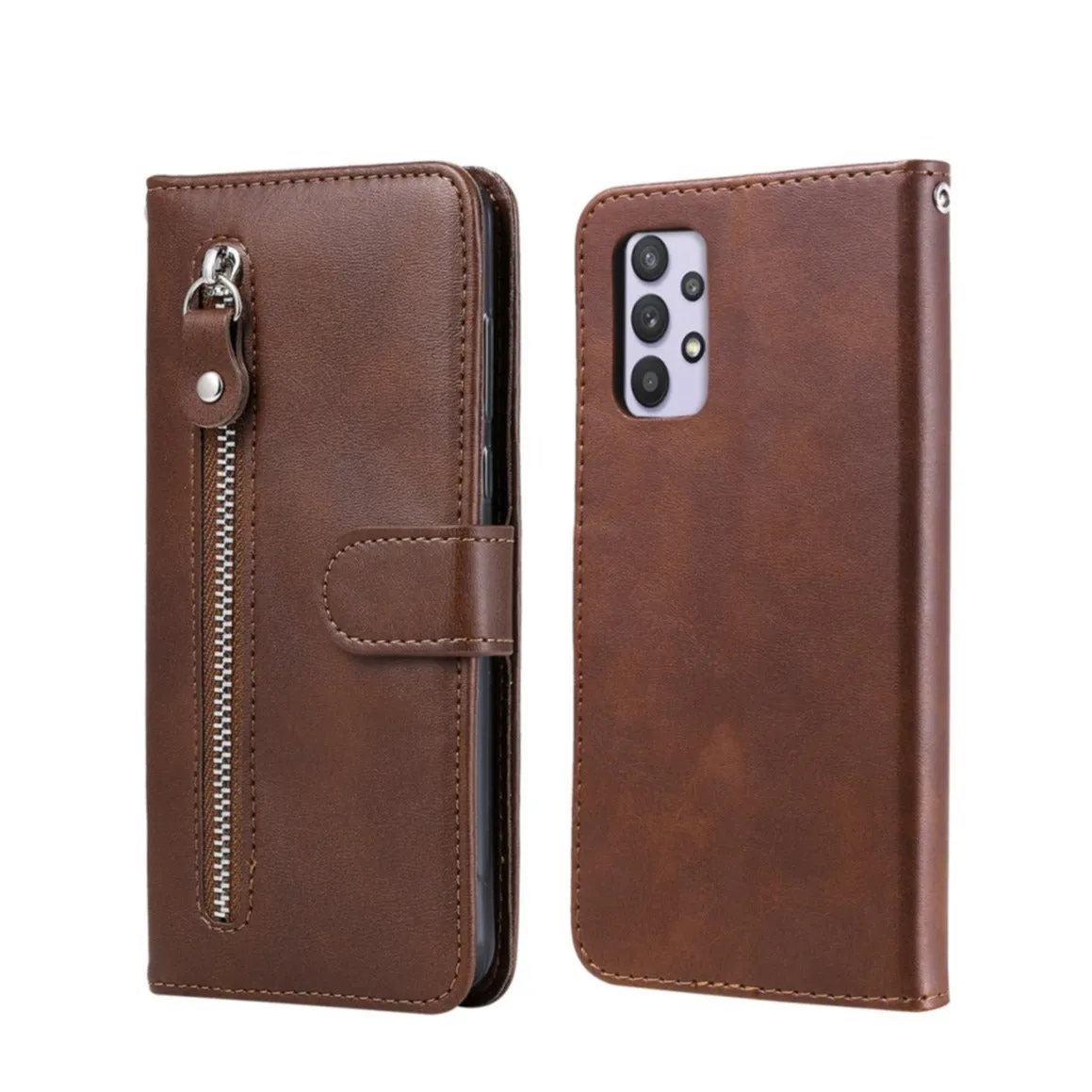 Samsung Galaxy A32 (4G) Leather Case Flip Cover with Zipper - Brown