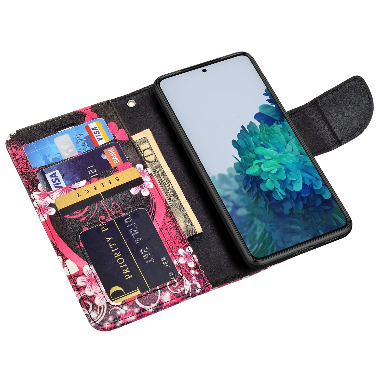 Samsung Galaxy S21 Case, Galaxy S21 Wallet Case, Wrist Strap Pu Leather Wallet Case [Kickstand] with ID & Credit Card Slots - Heart Butterflies
