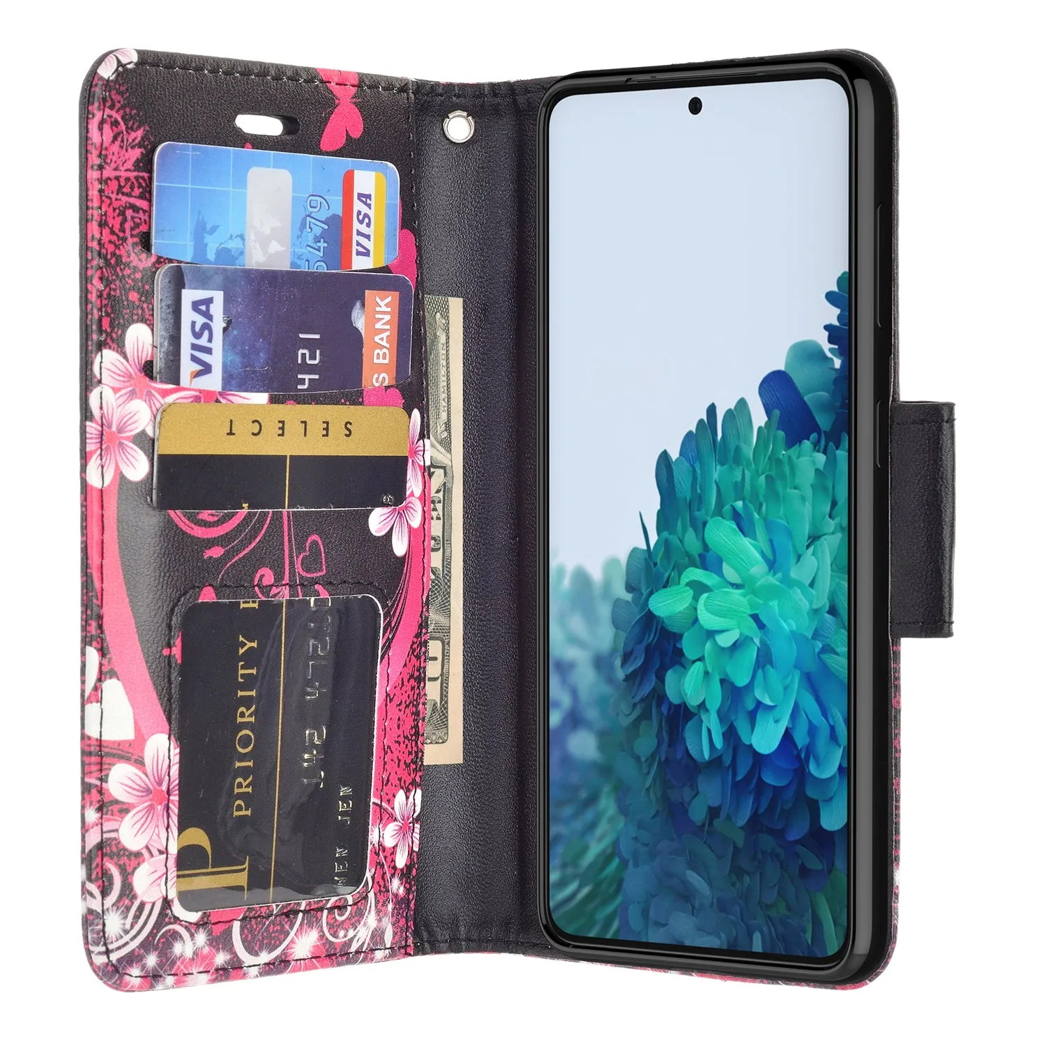 Samsung Galaxy S21 Case, Galaxy S21 Wallet Case, Wrist Strap Pu Leather Wallet Case [Kickstand] with ID & Credit Card Slots - Heart Butterflies