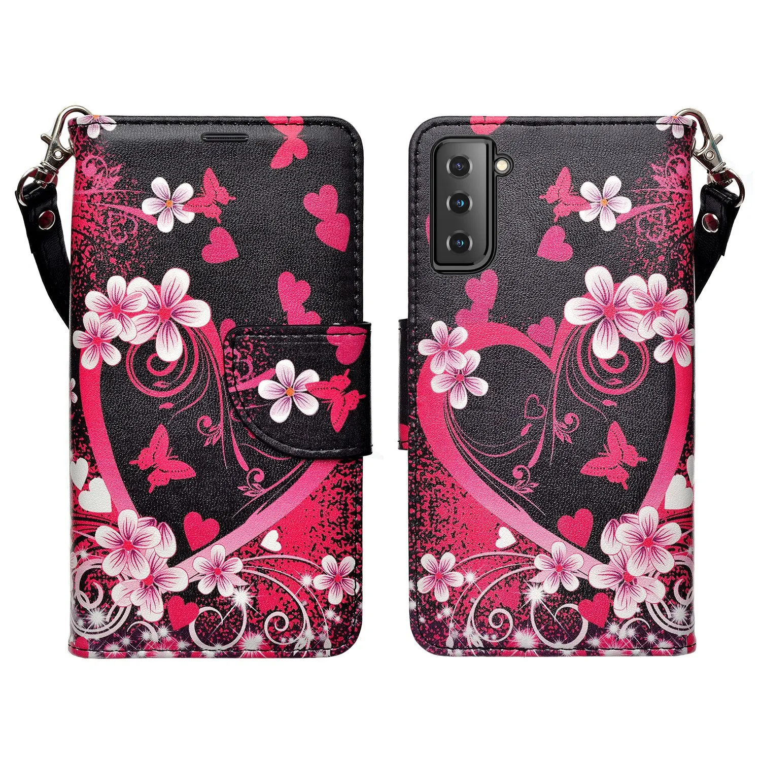 Samsung Galaxy S21 Case, Galaxy S21 Wallet Case, Wrist Strap Pu Leather Wallet Case [Kickstand] with ID & Credit Card Slots - Heart Butterflies