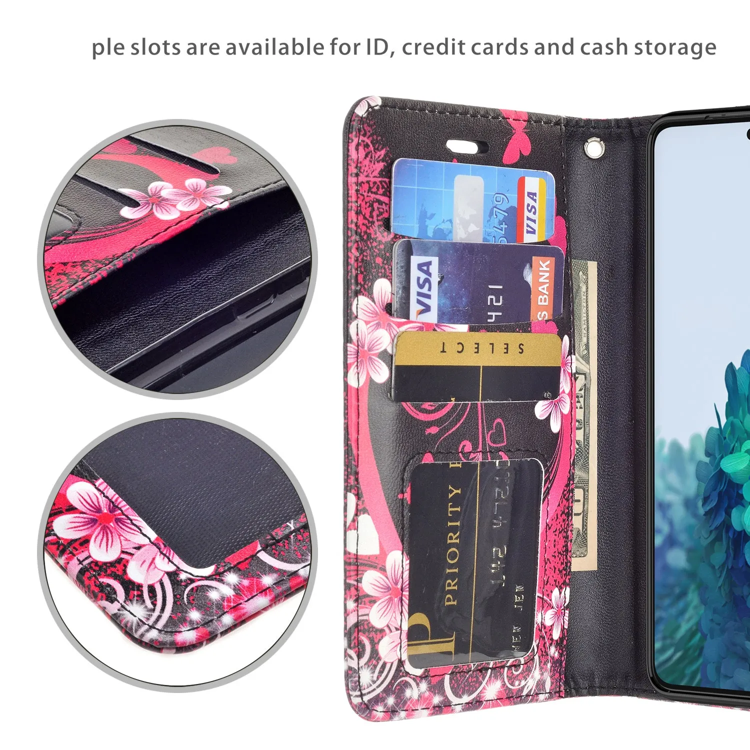 Samsung Galaxy S21 Case, Galaxy S21 Wallet Case, Wrist Strap Pu Leather Wallet Case [Kickstand] with ID & Credit Card Slots - Heart Butterflies