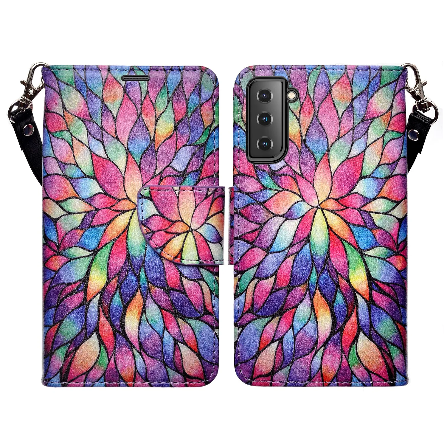 Samsung Galaxy S21 Case, Galaxy S21 Wallet Case, Wrist Strap Pu Leather Wallet Case [Kickstand] with ID & Credit Card Slots - Rainbow Flower