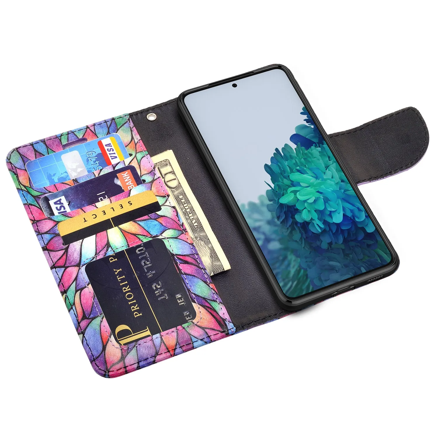Samsung Galaxy S21 Case, Galaxy S21 Wallet Case, Wrist Strap Pu Leather Wallet Case [Kickstand] with ID & Credit Card Slots - Rainbow Flower