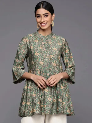 Sea Green Printed Silk Blend A-Line Kurti
