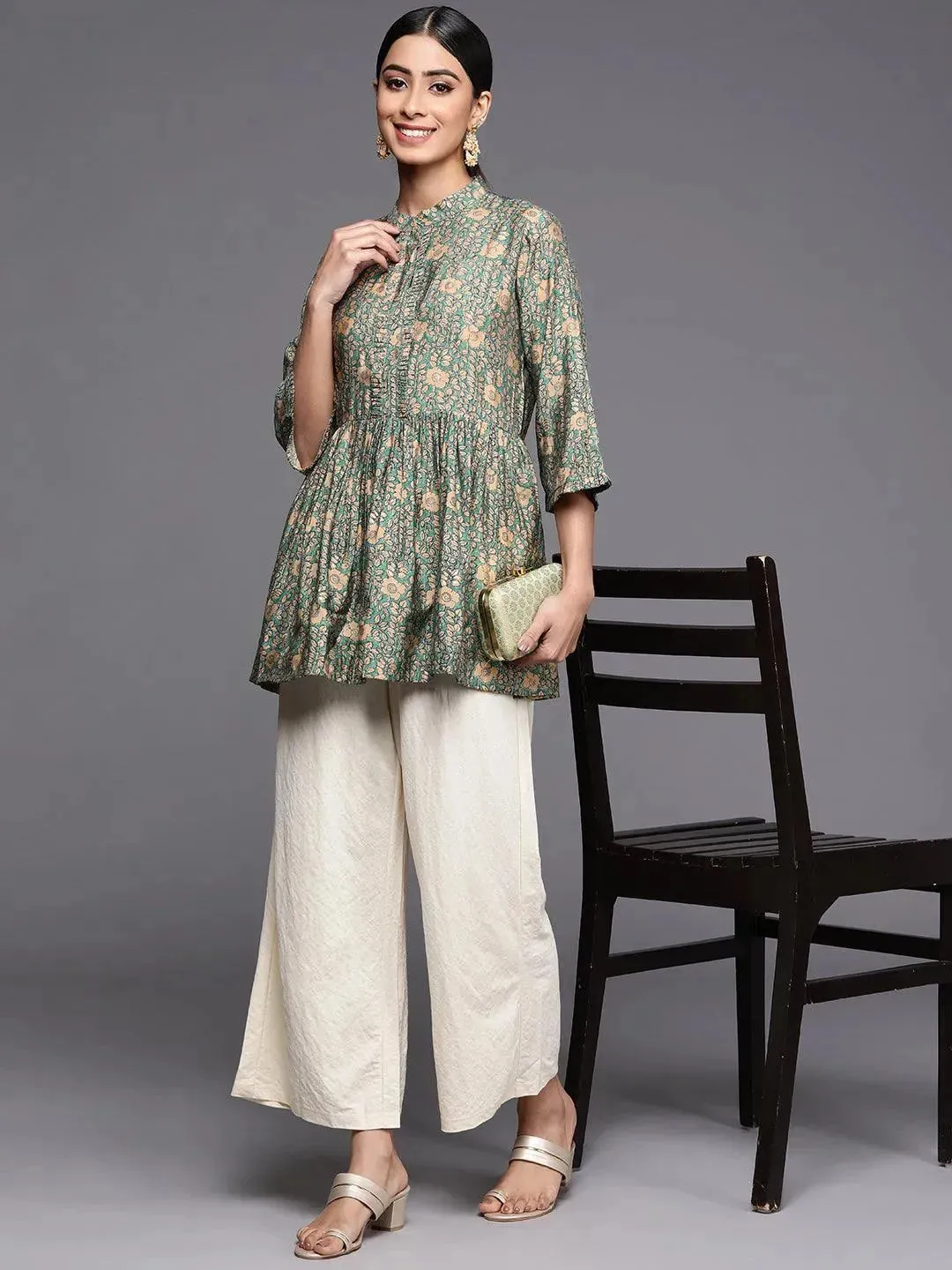 Sea Green Printed Silk Blend A-Line Kurti
