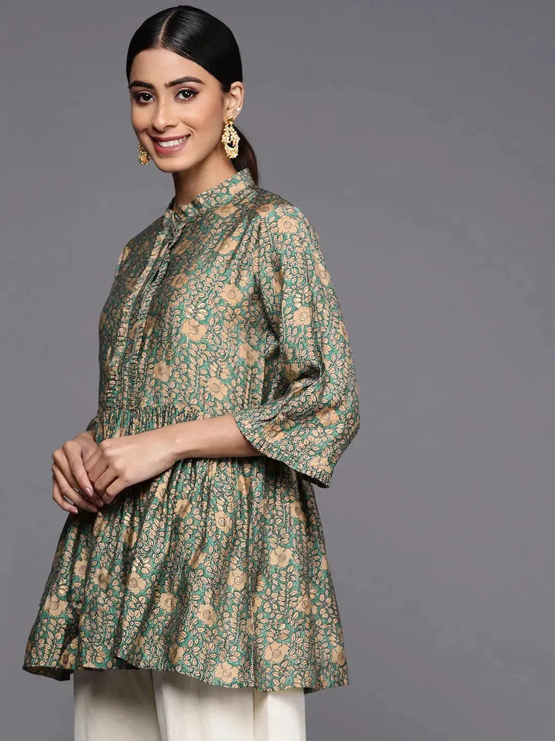 Sea Green Printed Silk Blend A-Line Kurti