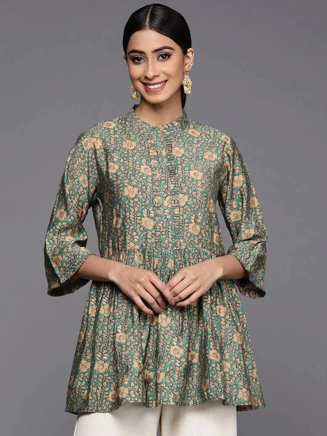 Sea Green Printed Silk Blend A-Line Kurti