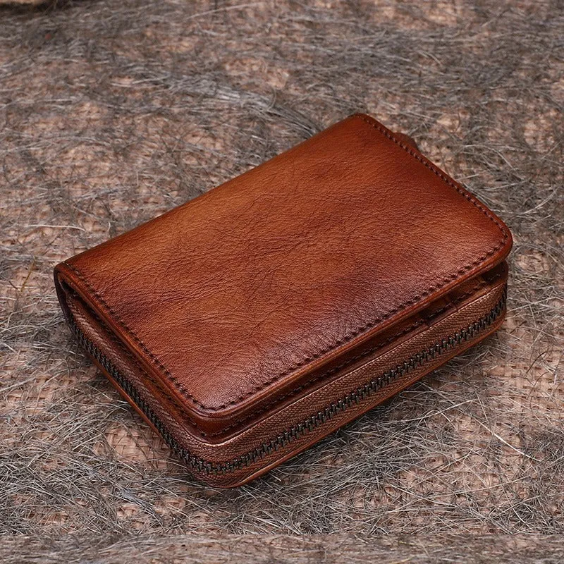 Small Green Leather Bifold Wallet Vintage Billfold Cute Women Zip Wallet For Ladies
