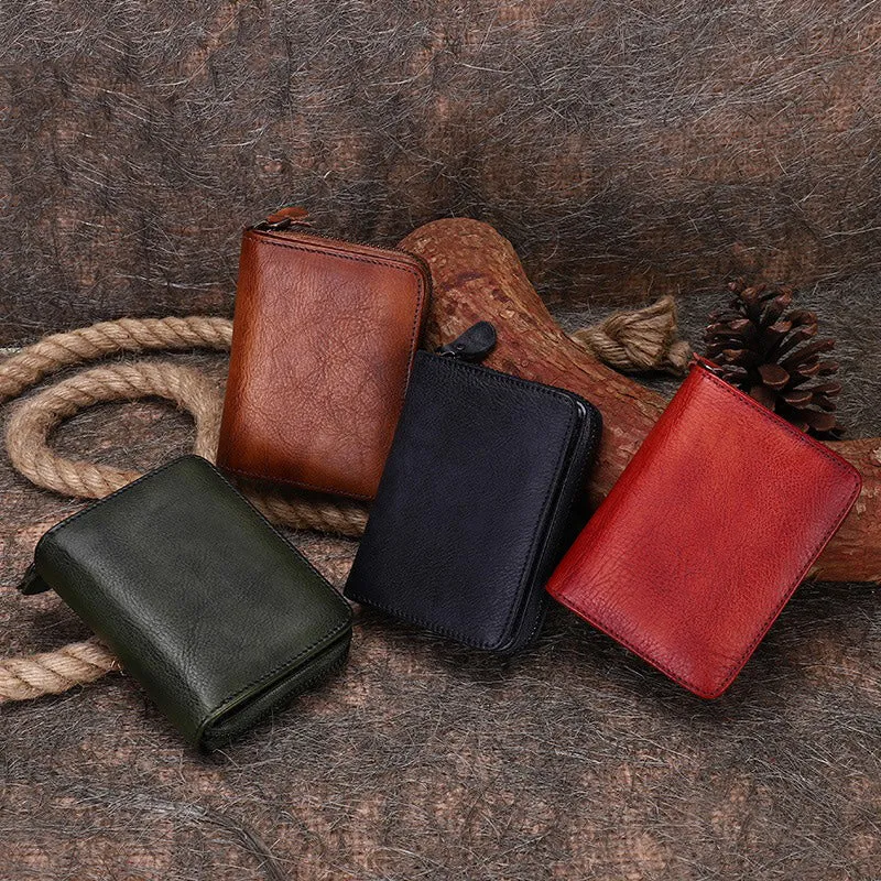 Small Green Leather Bifold Wallet Vintage Billfold Cute Women Zip Wallet For Ladies