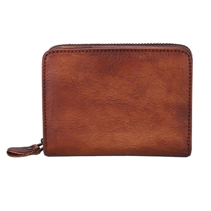 Small Green Leather Bifold Wallet Vintage Billfold Cute Women Zip Wallet For Ladies