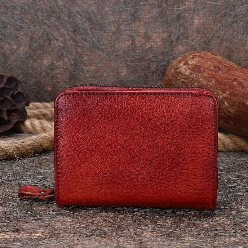Small Green Leather Bifold Wallet Vintage Billfold Cute Women Zip Wallet For Ladies