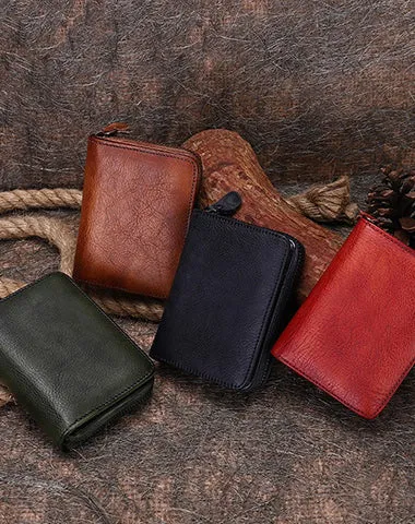 Small Green Leather Bifold Wallet Vintage Billfold Cute Women Zip Wallet For Ladies