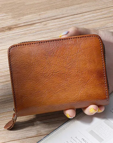 Small Green Leather Bifold Wallet Vintage Billfold Cute Women Zip Wallet For Ladies