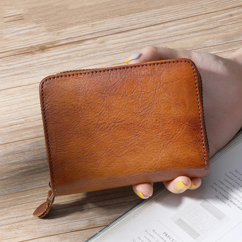 Small Green Leather Bifold Wallet Vintage Billfold Cute Women Zip Wallet For Ladies