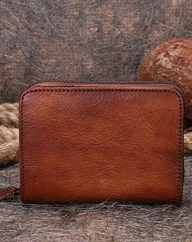 Small Green Leather Bifold Wallet Vintage Billfold Cute Women Zip Wallet For Ladies