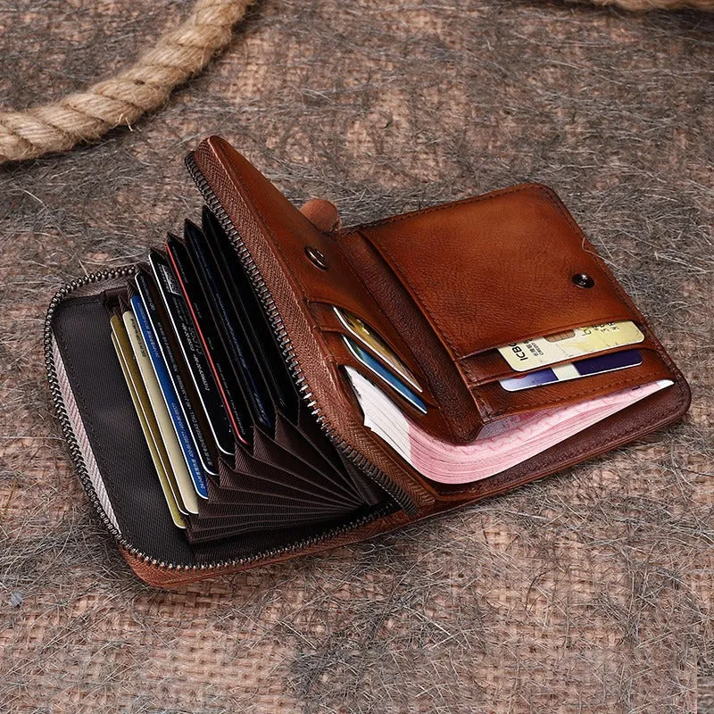 Small Green Leather Bifold Wallet Vintage Billfold Cute Women Zip Wallet For Ladies
