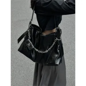 Vvsha Black Vintage Underarm Bag Women Harajuku Chain Decorative Shoulder Bag With Headphone Bag Large Capacity Tote Bag Y2k