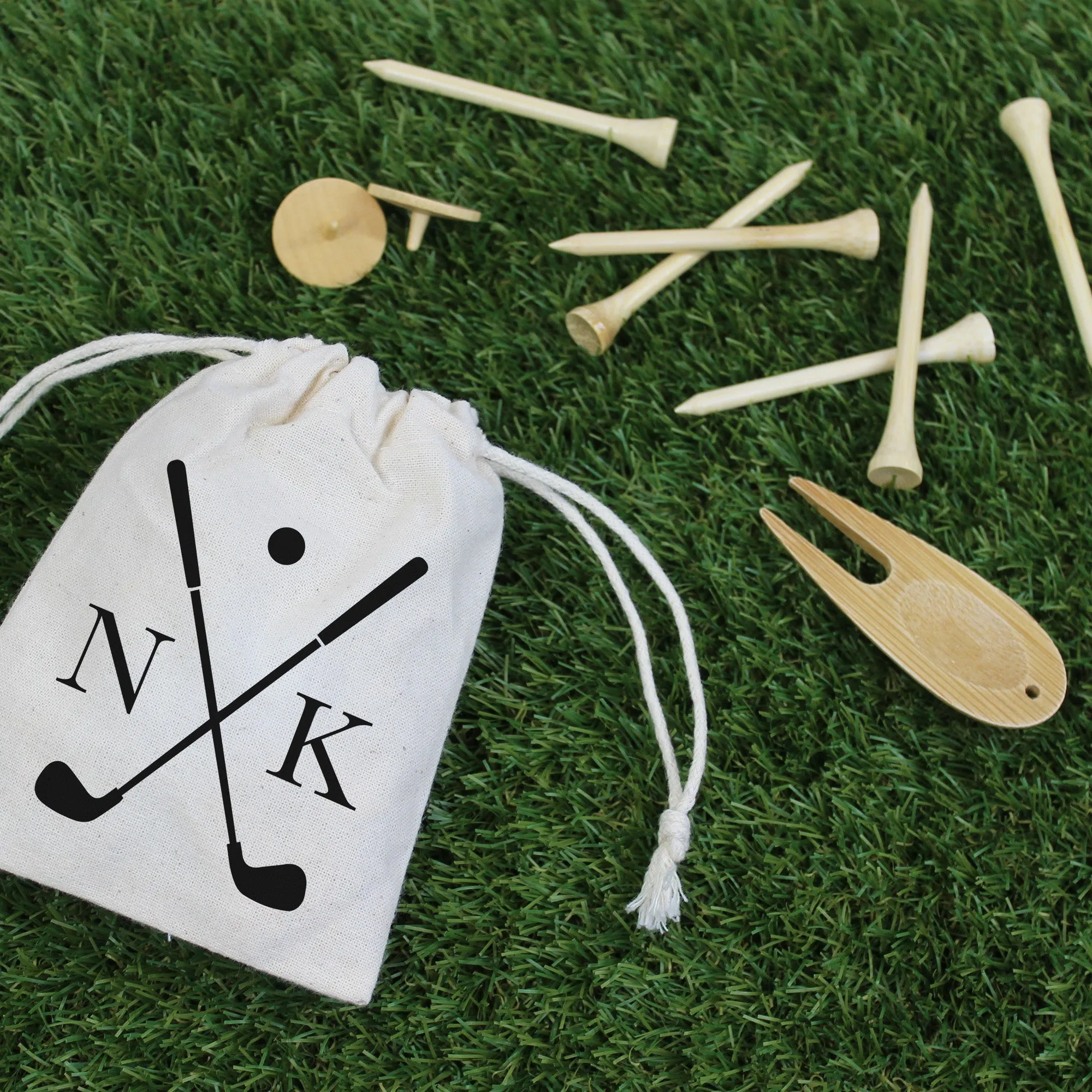 Wooden Golf Tools in Personalised Drawstring Bag