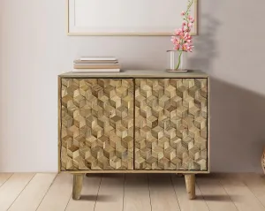 Wooden Twist Pentagonal Hand Carved Mango Wood Bedside Table with 2 Doors